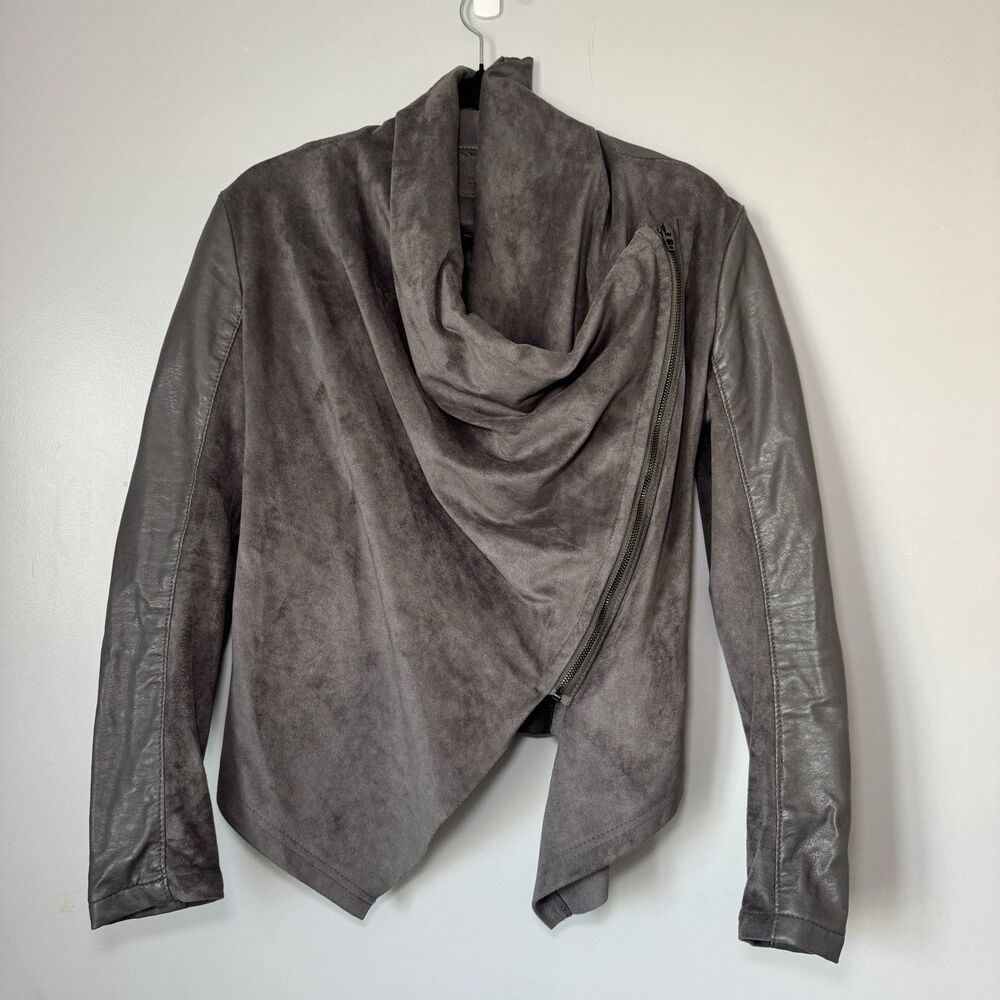 BLANKNYC Grunge Asymmetrical Zip Faux Leather Suede Jacket Sz XS Grey Cowl Neck